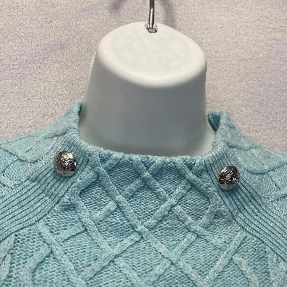 Talbots Cable Knit Sweater Womens Petite Large PL‎ Aqua Blue Buttons Old Money